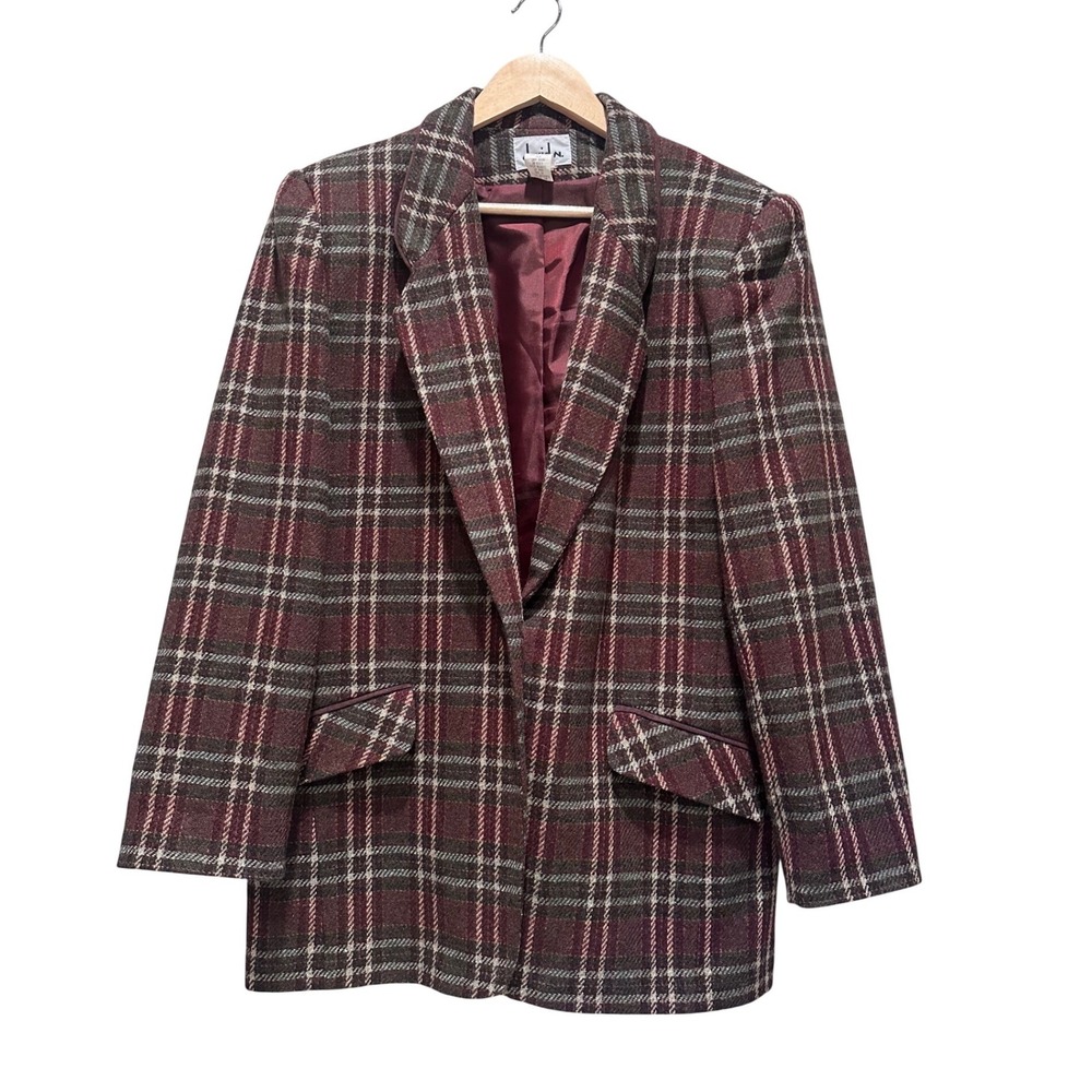 Vintage 90s‎ Wool Plaid Blazer Burgundy Oversized Dark Academia Jacket